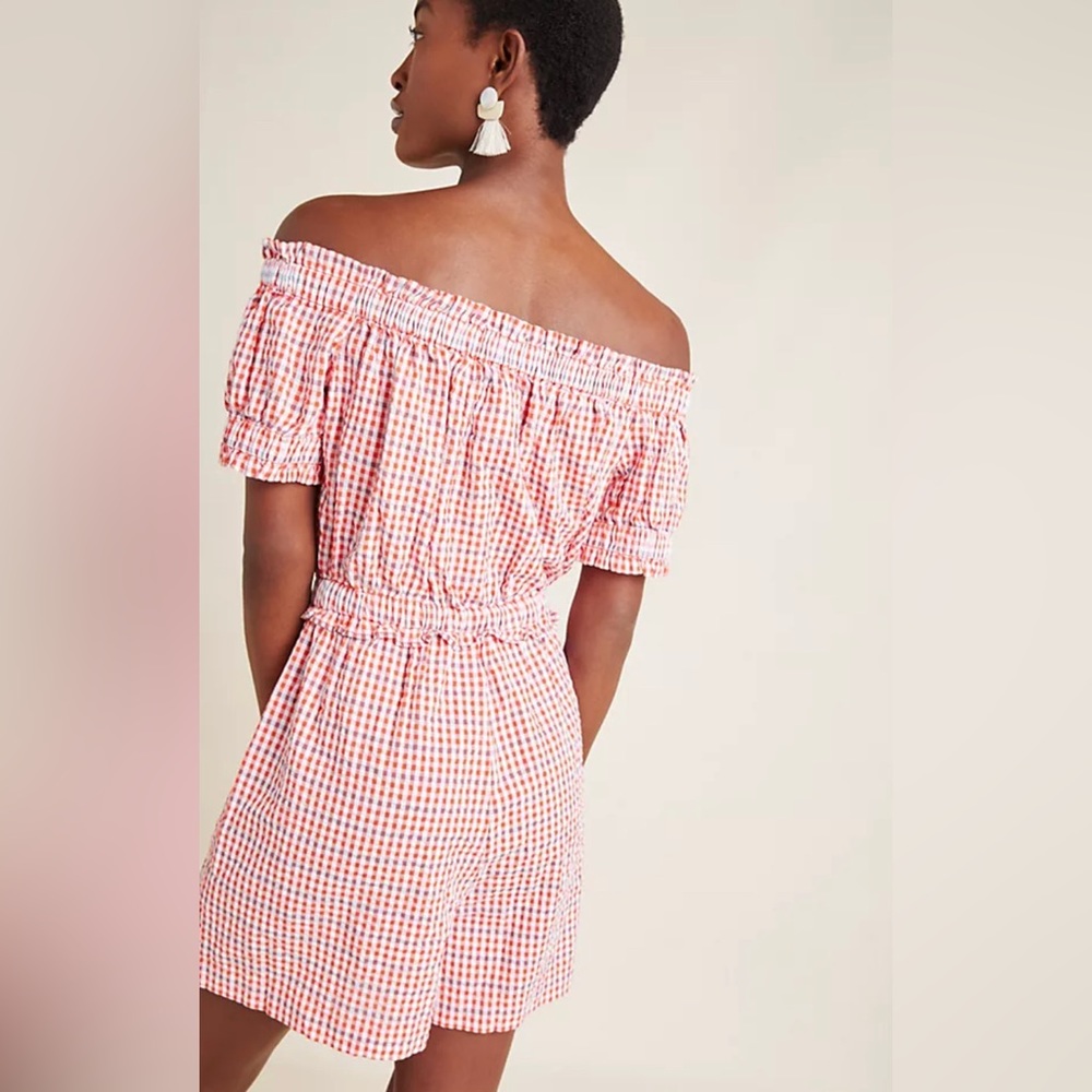 Anthropologie Gingham Print Off Shoulder Romper Orange, White Gray SMALL…